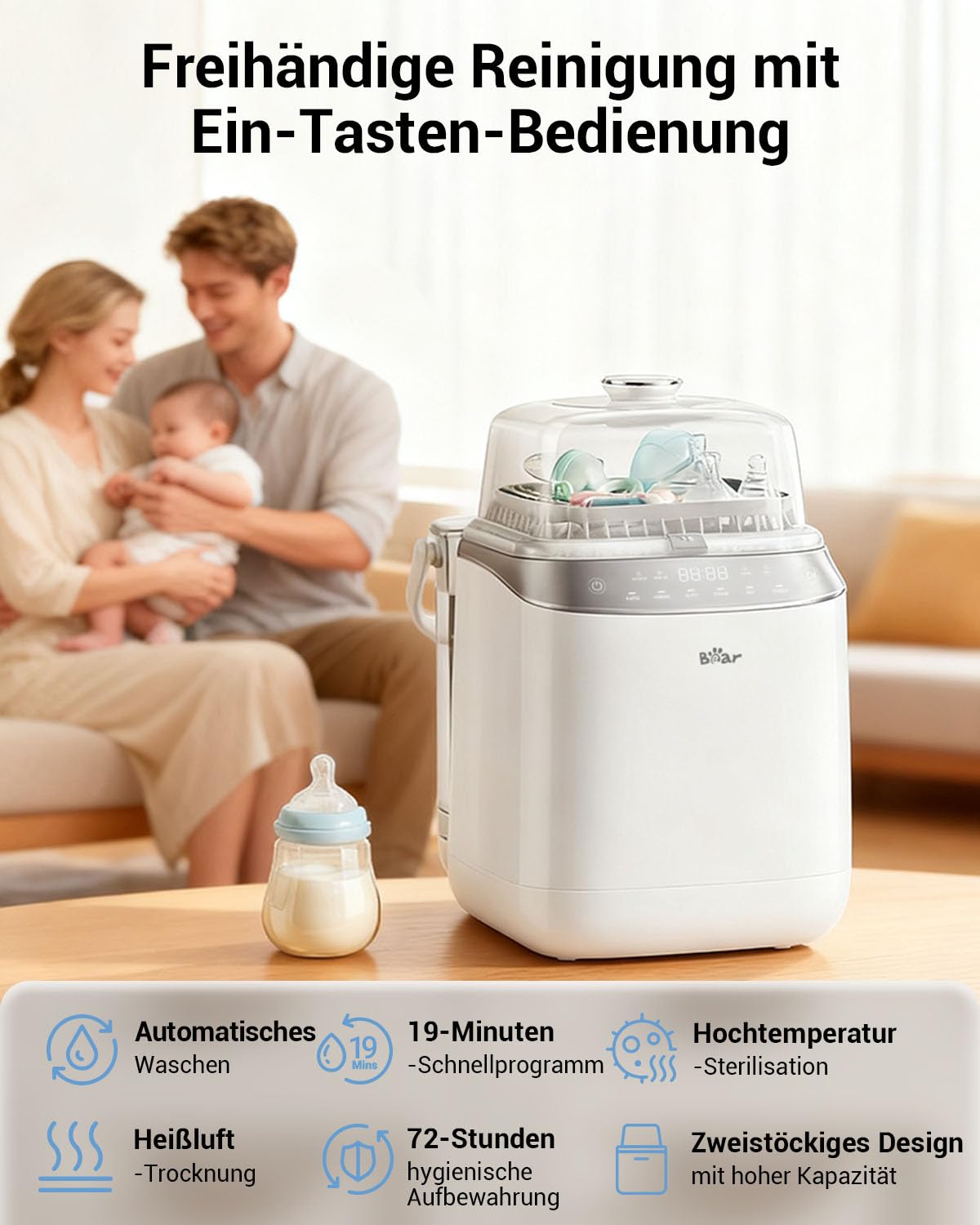 Bear Bottle Washer Pro | Automatischer Flaschenreiniger Sterilisator und Trockner für Babyflaschen & Milchpumpen-Teile | Inkl. 90 Reinigungstabletten | 99,99% Bakterienentfernung