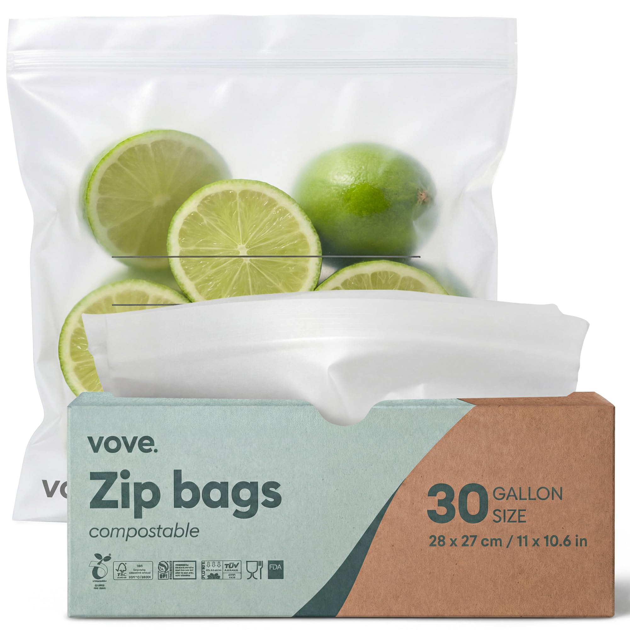 Vove Compostable 4 Litre Bags 30 Count, Heavy-Duty Plastic-Free Zip Bags for Bulk Food Storage and Freezer Meal Prep, PFAS-Free BPI Certified, Leakproof Airtight Seal, Plant-Based