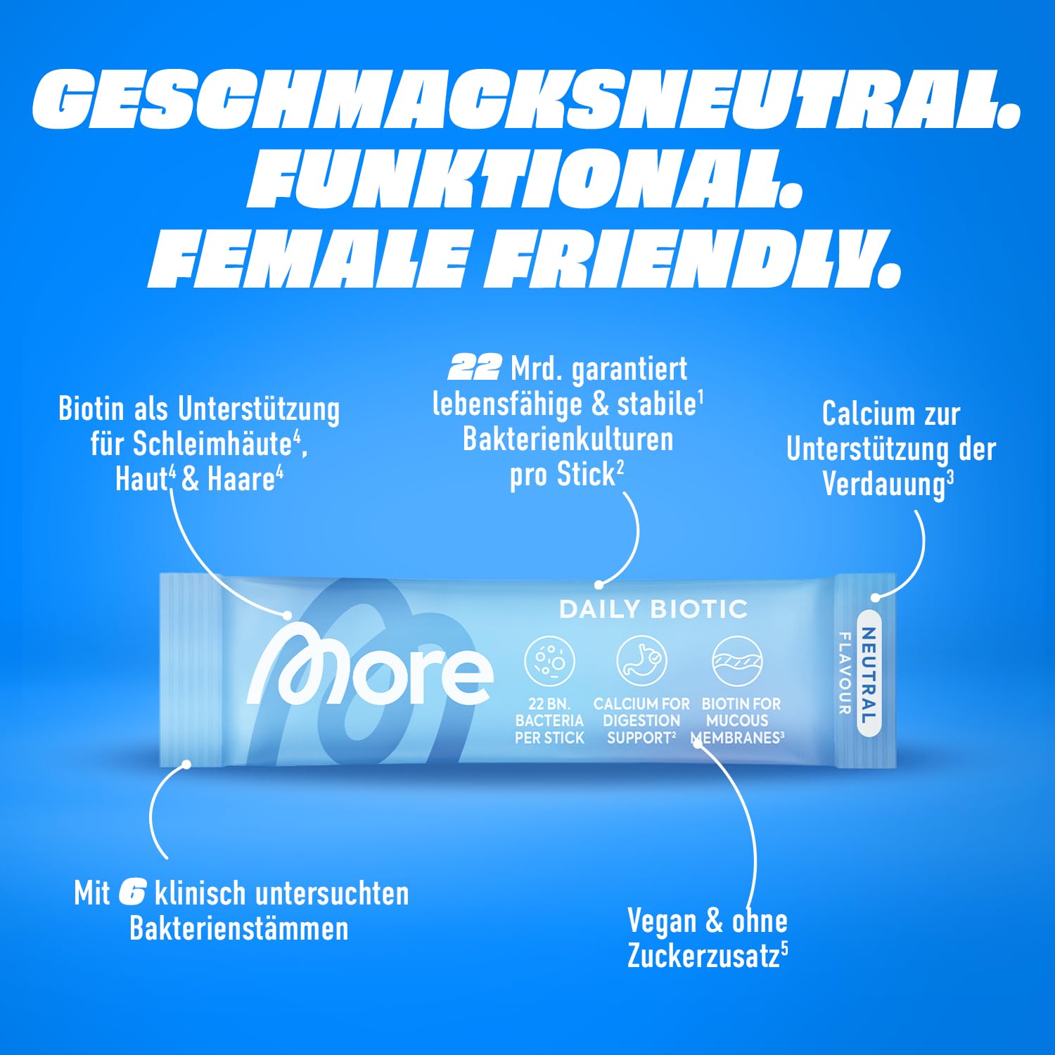 MORE Daily Biotic Sticks, 30 x 1,5 g, Neutral, mit 6 humanen Bakterienstämmen, Calcium und Biotin