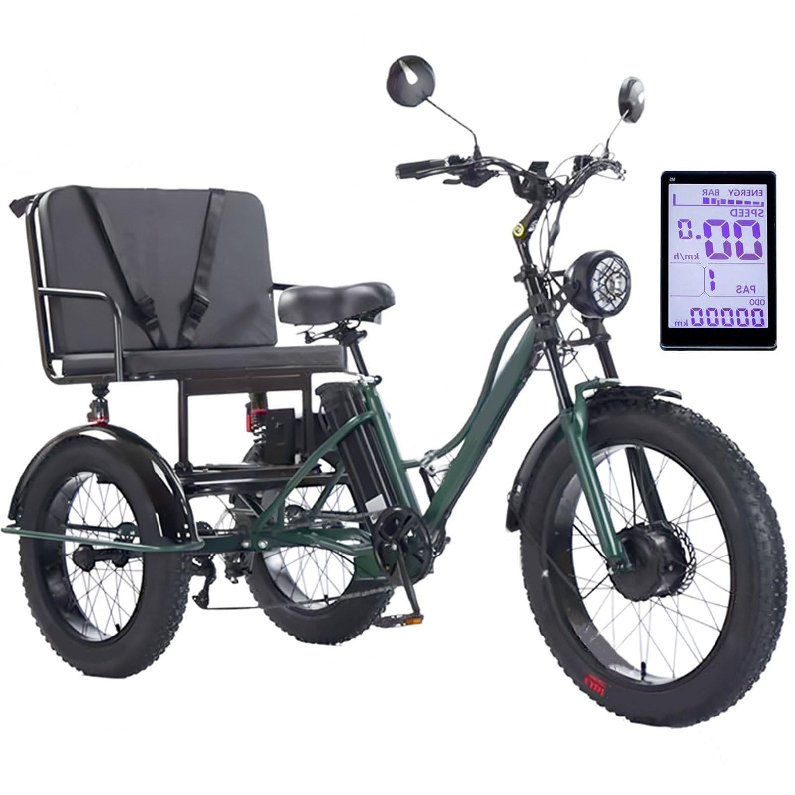 Tricycle électrique pour adultes – Batterie 48 V 18 Ah, siège multifonctionnel, charge maximale 150 kg, écran LCD, phare, cadre en acier au carbone robuste, pour routes de ville et de montagne