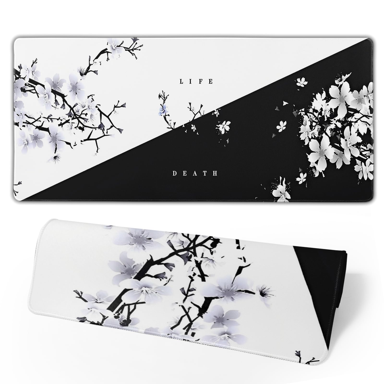 Japanese Life Death Keyboard Mat, Black White Japanese Anime Gaming Mouse Pad for Desk with Anti-Slip Rubber Base and Stitched Edges, Japanese Sakura