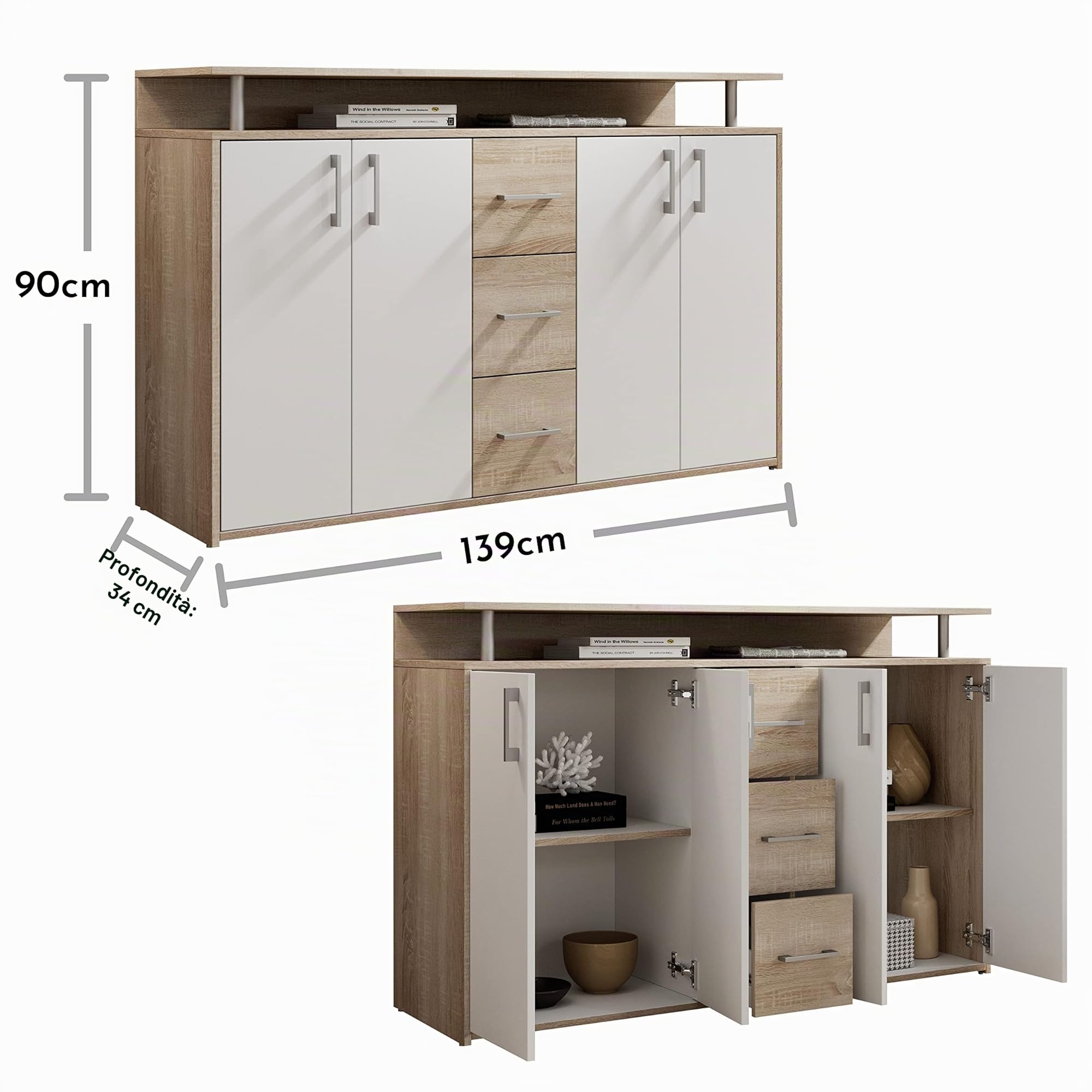 DRIFT, Credenza con ripiano simil rovere sonoma, bianco, elegantea e capiente credenza con cassettiera per la vostra zona giorno; 139 x 90 x 34 cm (L x A x P)