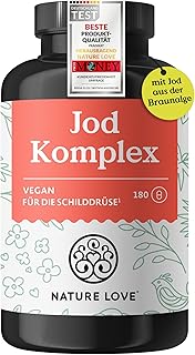 NATURE LOVE® Jod Komplex für die Schilddrüse - 180 Kapseln - mit Jod, Selen, L-Tyrosin, Vitamin B & D - Alternative zu Jod Tabletten - 6 Monate Reichweite - hochdosiert, vegan & laborgeprüft