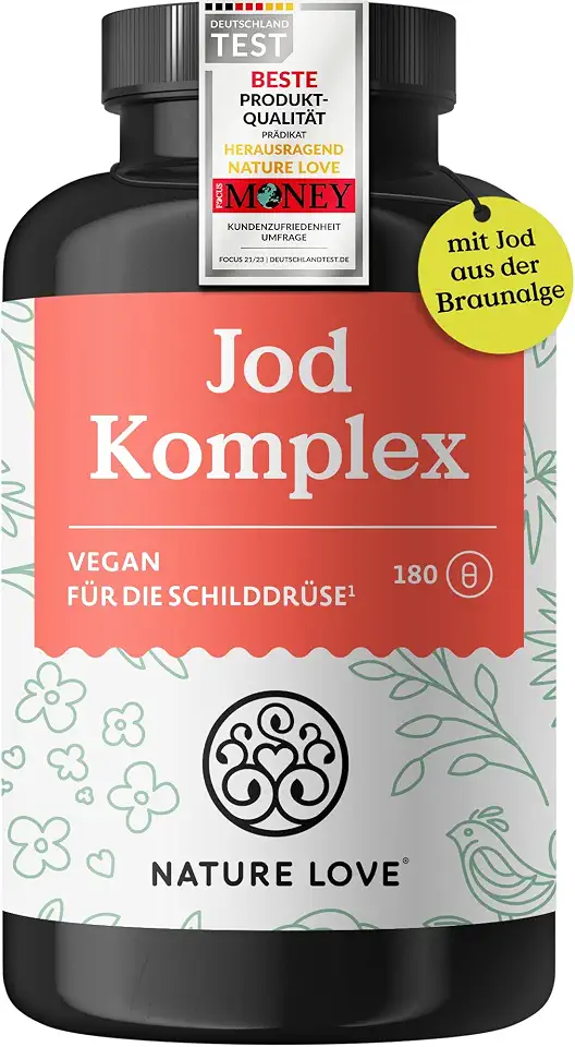NATURE LOVE® Jod Komplex für die Schilddrüse - 180 Kapseln - mit Jod, Selen, L-Tyrosin, Vitamin B & D - Alternative zu Jod Tabletten - 6 Monate Reichweite - hochdosiert, vegan & laborgeprüft