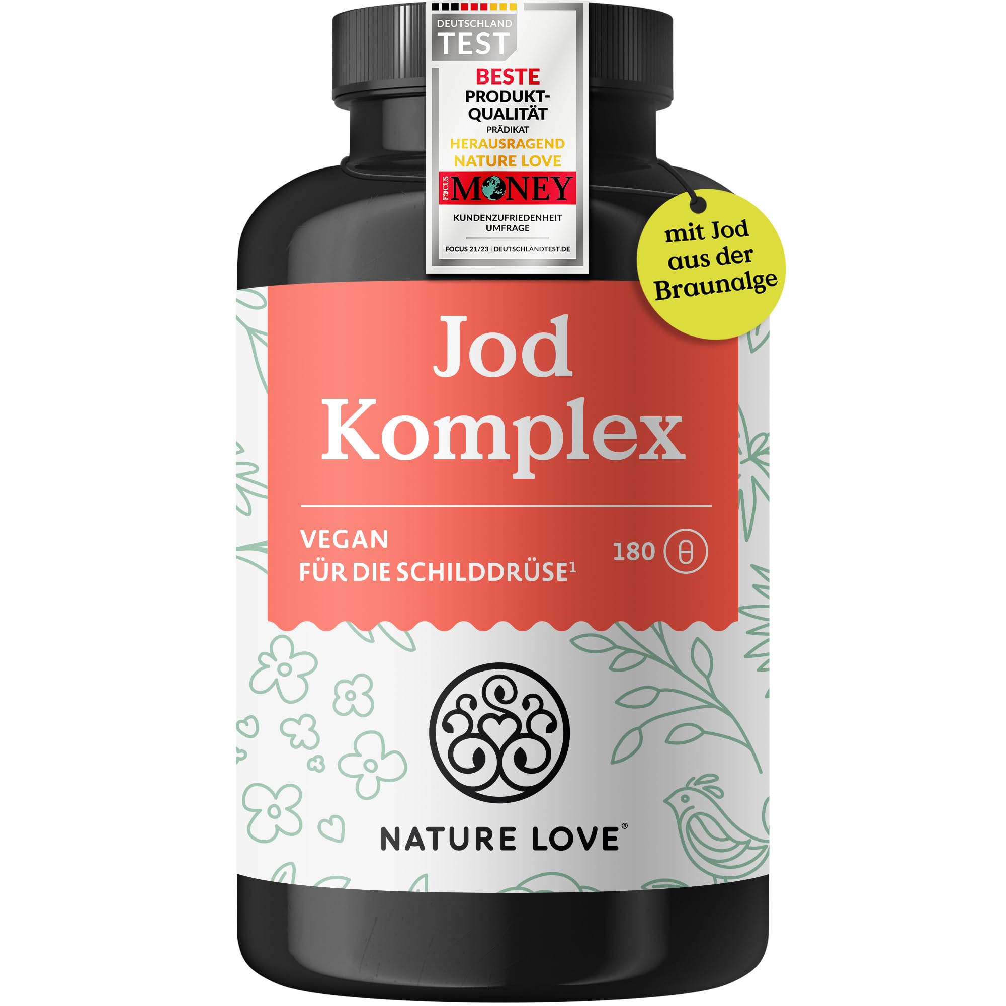 NATURE LOVE® Jod Komplex für die Schilddrüse - 180 Kapseln - mit Jod, Selen, L-Tyrosin, Vitamin B & D - Alternative zu Jod Tabletten - 6 Monate Reichweite - hochdosiert, vegan & laborgeprüft