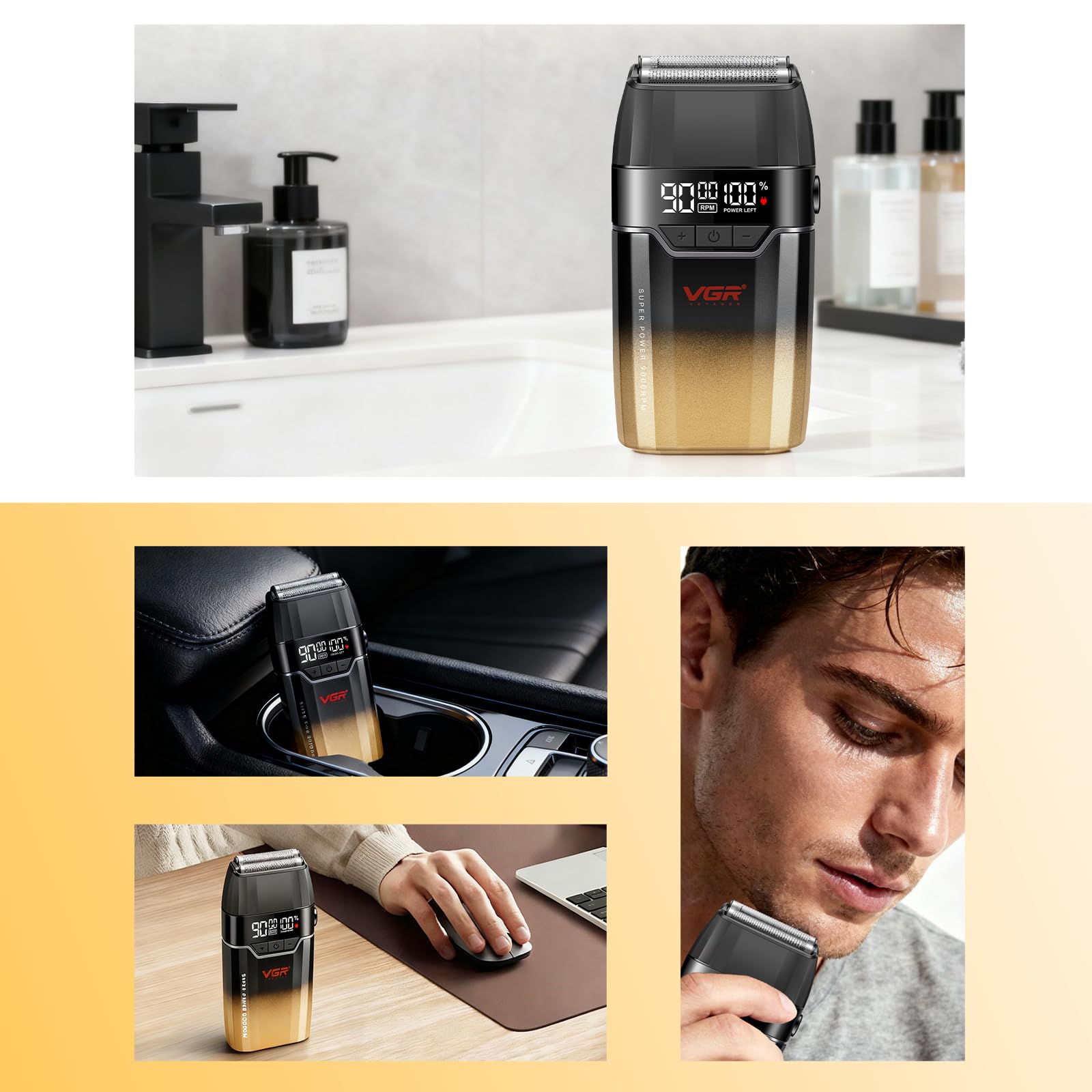 VGR 308 Rasoio Elettrico Barba Professionale Senza Fili, Foil Shaver con Lama a Doppio Strato in Titanio Floating E Motore da 9000RPM, Rasoio Barba Elettrico con Display LED, Ricarica USB, Oro