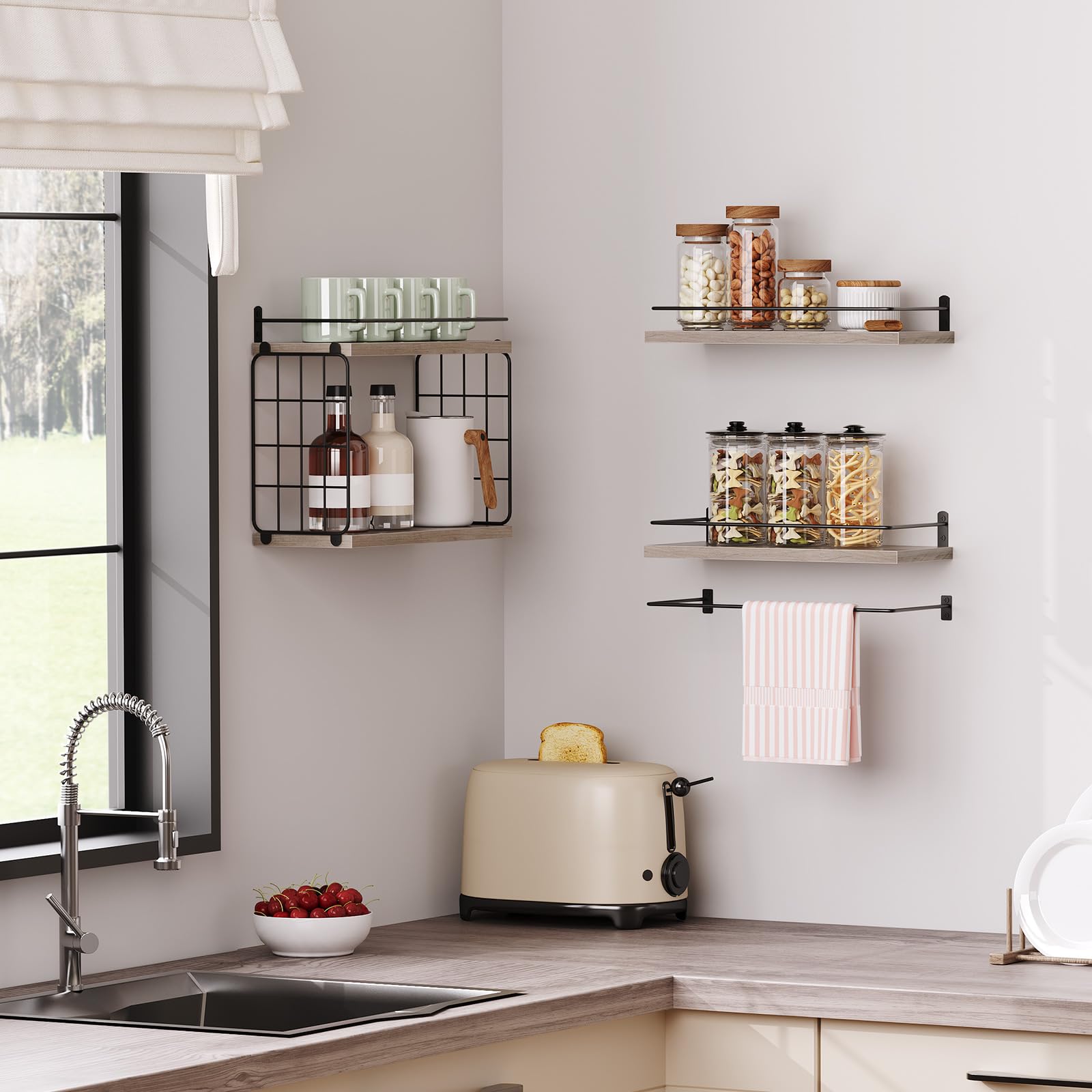 HOOBRO 4+1 Tier Floating Shelves, Bathroom Shelves Over Toilet with Wire Storage Basket, Wall Mounted Floating Shelf for Wall Decor, Wall Shelf for Bedroom Living Room Kitchen Greige BG30BJ01