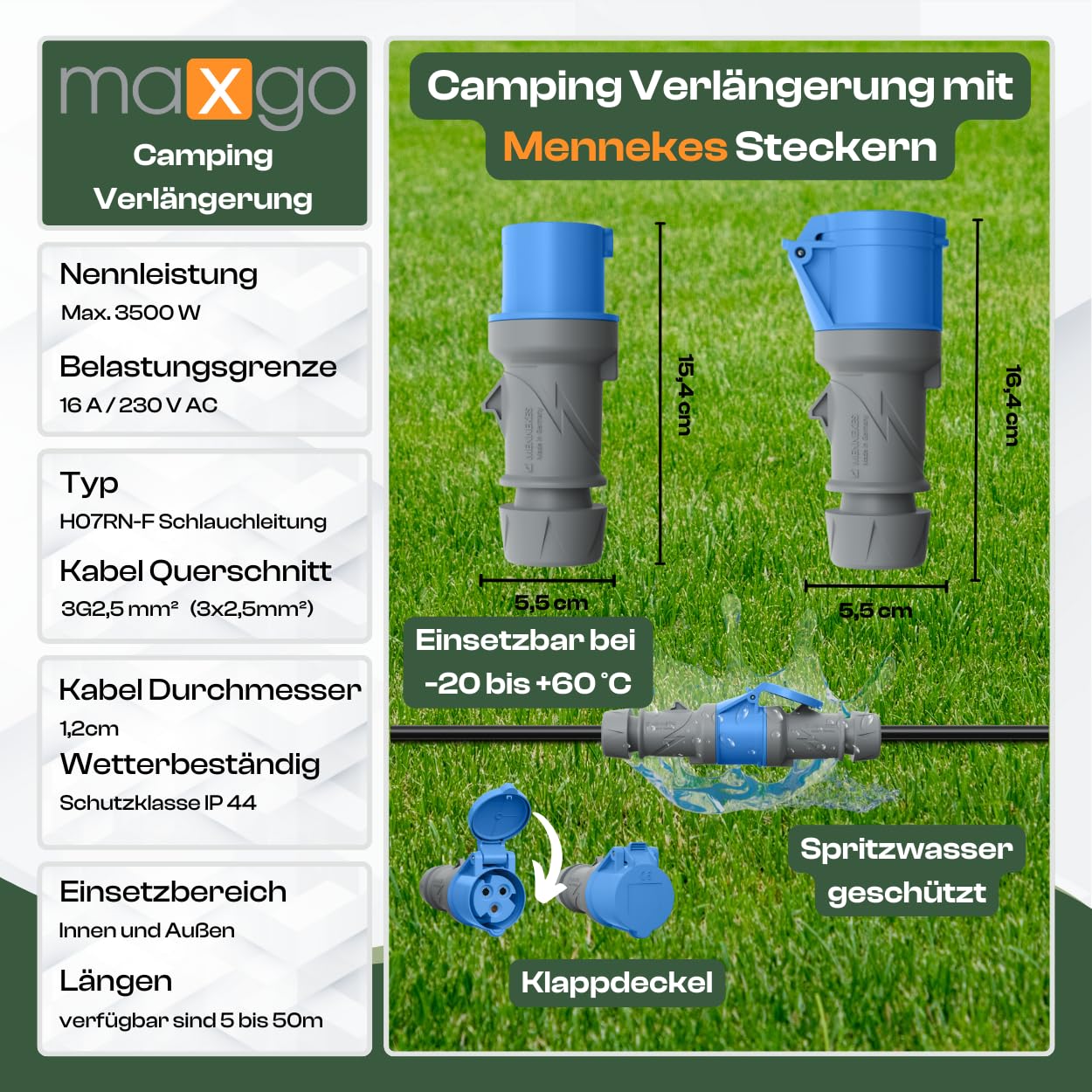 Camping Kabel 10 Meter CEE verlängerungskabel 10m außen H07RN-F 3x2,5 Strom Wohnwagen Kabel landstromanschluss wohnmobil Caravan Adapter verlängerung stromkabel verlaengerungskabel Outdoor