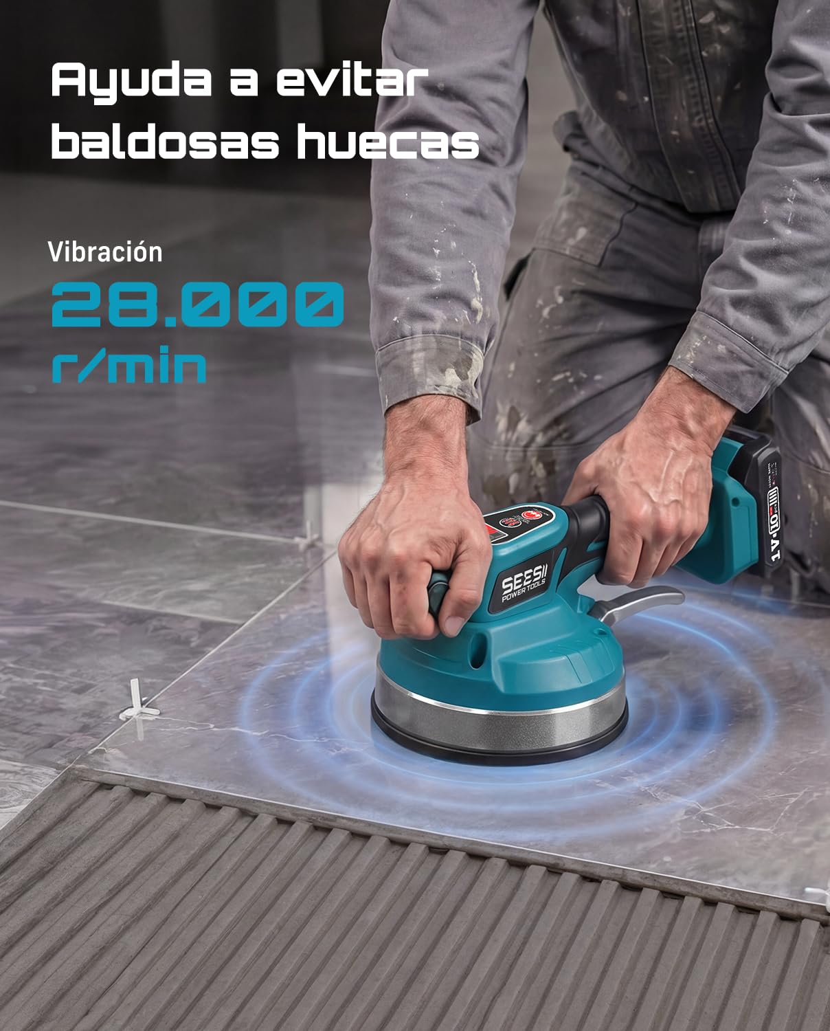 SEESII Máquina Vibradora Azulejos 160mm Para La Colocación De Azulejos | 2 Baterías 2000 mAh, Azulejos 30–150 cm, 28.000 RPM Anti-Burbujas, 10 H, 12 Vel., 159 Kg, Compatible Makita 18V