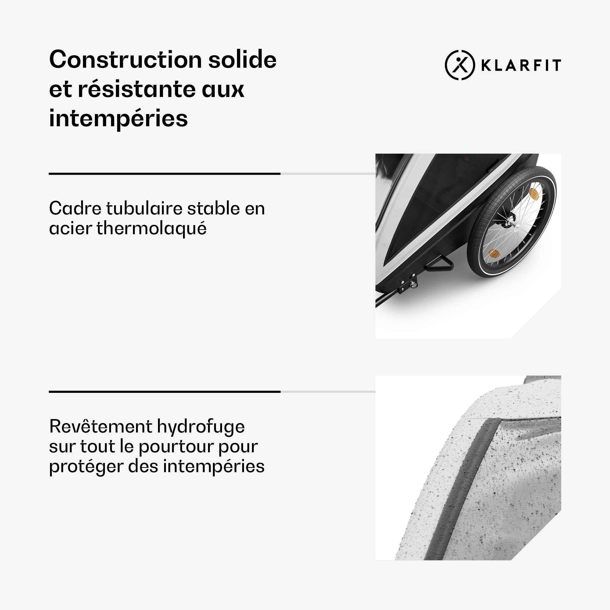 KLAR FIT GoKiddo Remorque Vélo Enfant - 2-en-1 Remorque & Buggy avec Freins, Ceintures de Sécurité, Sièges Réglables, Capacité 40kg, Protection Pluie & UV, Pliable, Gris Clair