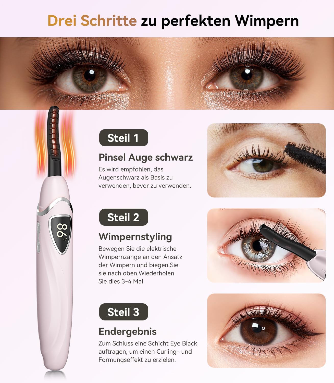 Wimpernzange Beheizbar 【10s Schnellheizung – 24h Halt】【3D-Präzisionsbogen – Perfekt für jede Augenform】Beheizbare Wimpernzange Mit Speicherfunktion & Verbrühungsschutz – Ideal für Anfänger JMJ-0307