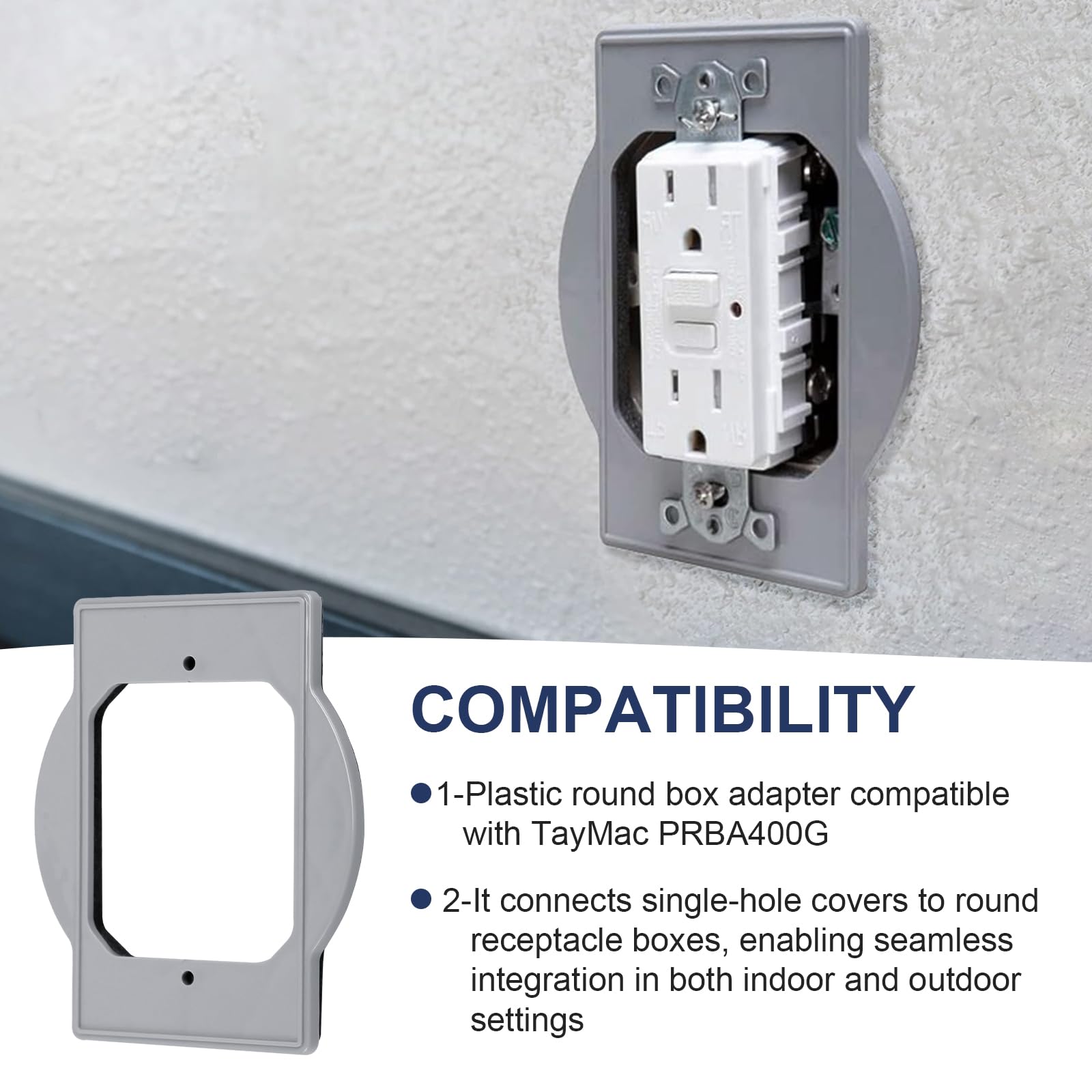 PRBA400G Adaptador de caja redonda de plástico compatible con TayMac, resistente a la intemperie, caja redonda de una sola banda para instalaciones eléctricas al aire libre, gris