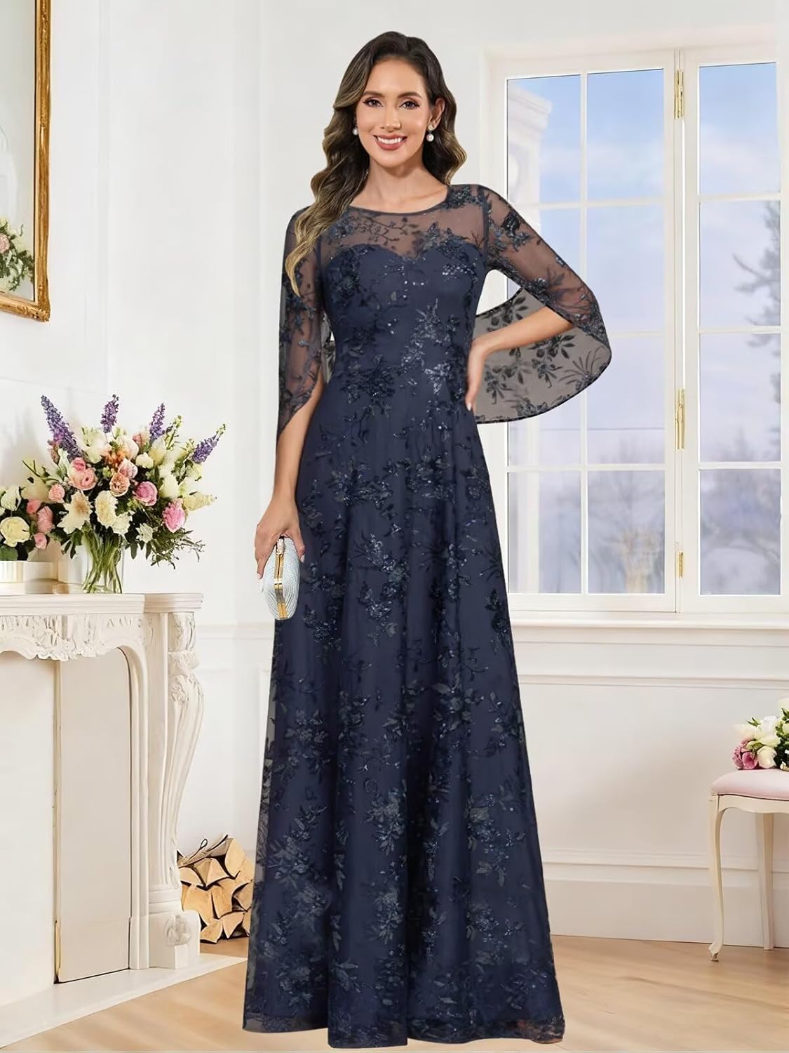 Lace Applique Mother of Bride Dresses Long Sequin Cape Sleeve Chiffon Formal Dress - Image 2