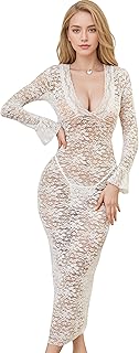 Robe Dentelle Longue Transparente Robe Sexy Femme Décolleté en V Plongeant Manches Évasées Femme Nuisette Sexy Longue Tenue Sexy pour la Boîte la Plage et Les Vacances Blanche