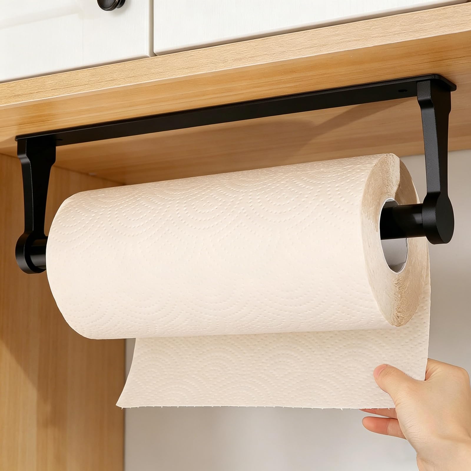 Livoravoli Kitchen Roll Holder Under Cabinet, Self Adhesive Paper Towel Holder, Wall Mounted Black Paper Roll Holder for kitchen, Bathroom, Living Room, RV, Pantry