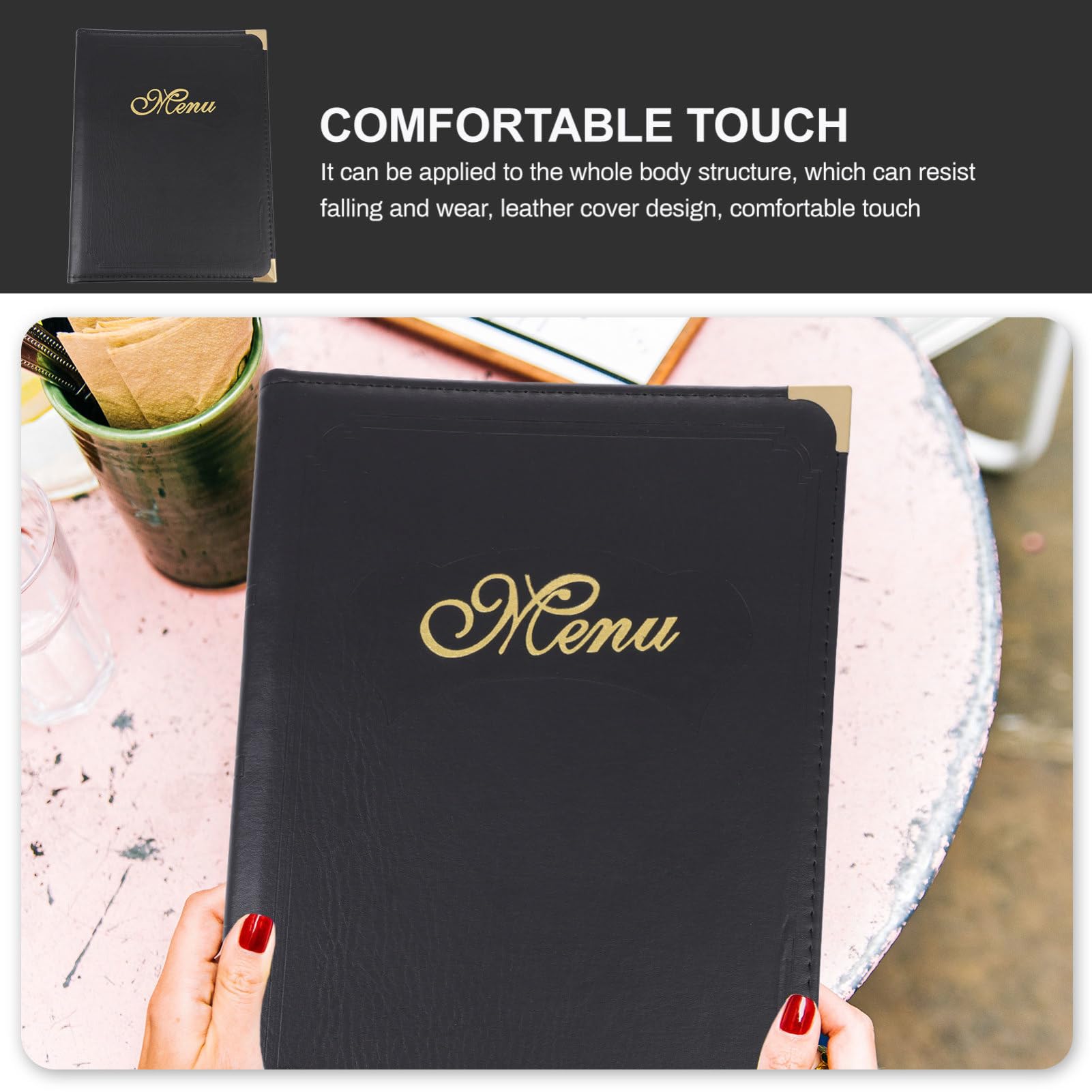 Libro de Menú A4 de Cuero Negro, Carpeta Práctica para Menús y Precios de Restaurante, Cubierta Resistente y Páginas Intercambiables, Adecuado para Uso en Bares y Hostelería