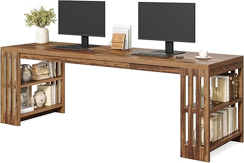 LITTLE TREE Escritorio de 78.7 pulgadas de largo, escritorio para 2 personas con estantes, escritorio grande de madera, diseño de patas de estante