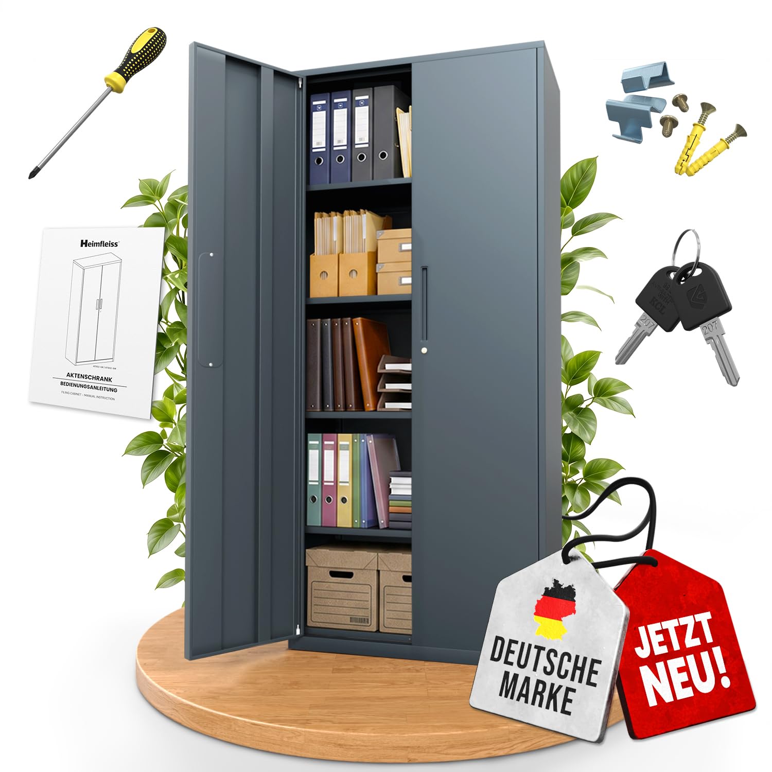 Heimfleiss® Aktenschrank abschließbar 180x80x40cm | Büro Metallschrank | Mehrzweckschrank nutzbar als Büroschrank, Werkzeugschrank & Aufbewahrungsschrank | Stahlschrank mit Sicherheitsschloss
