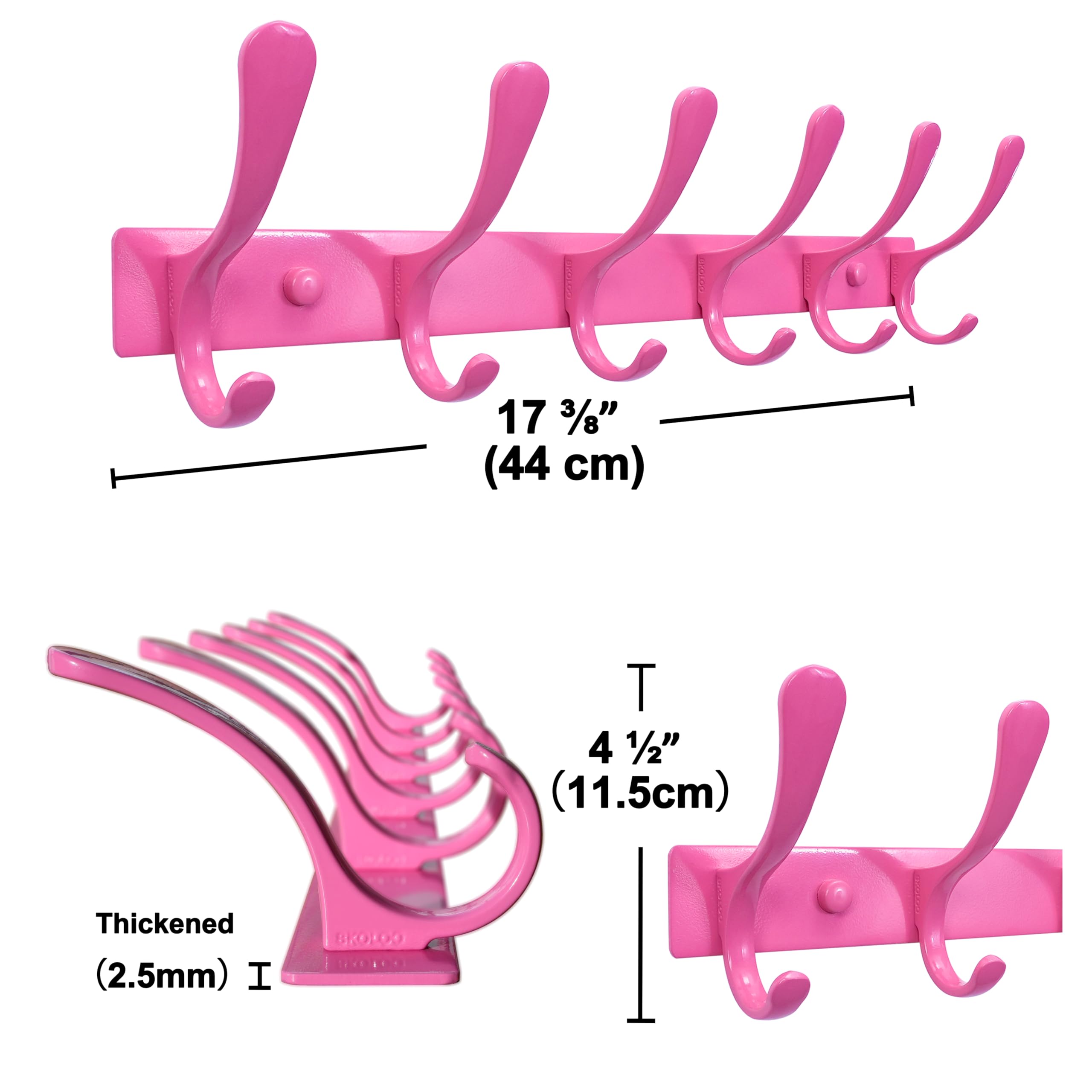 SKOLOO - Appendiabiti da parete a 6 ganci, confezione da 2, resistente, in acciaio inossidabile, gancio da parete in metallo, ganci robusti per appendere cappotti, giacche, vestiti, cappelli - Rosa