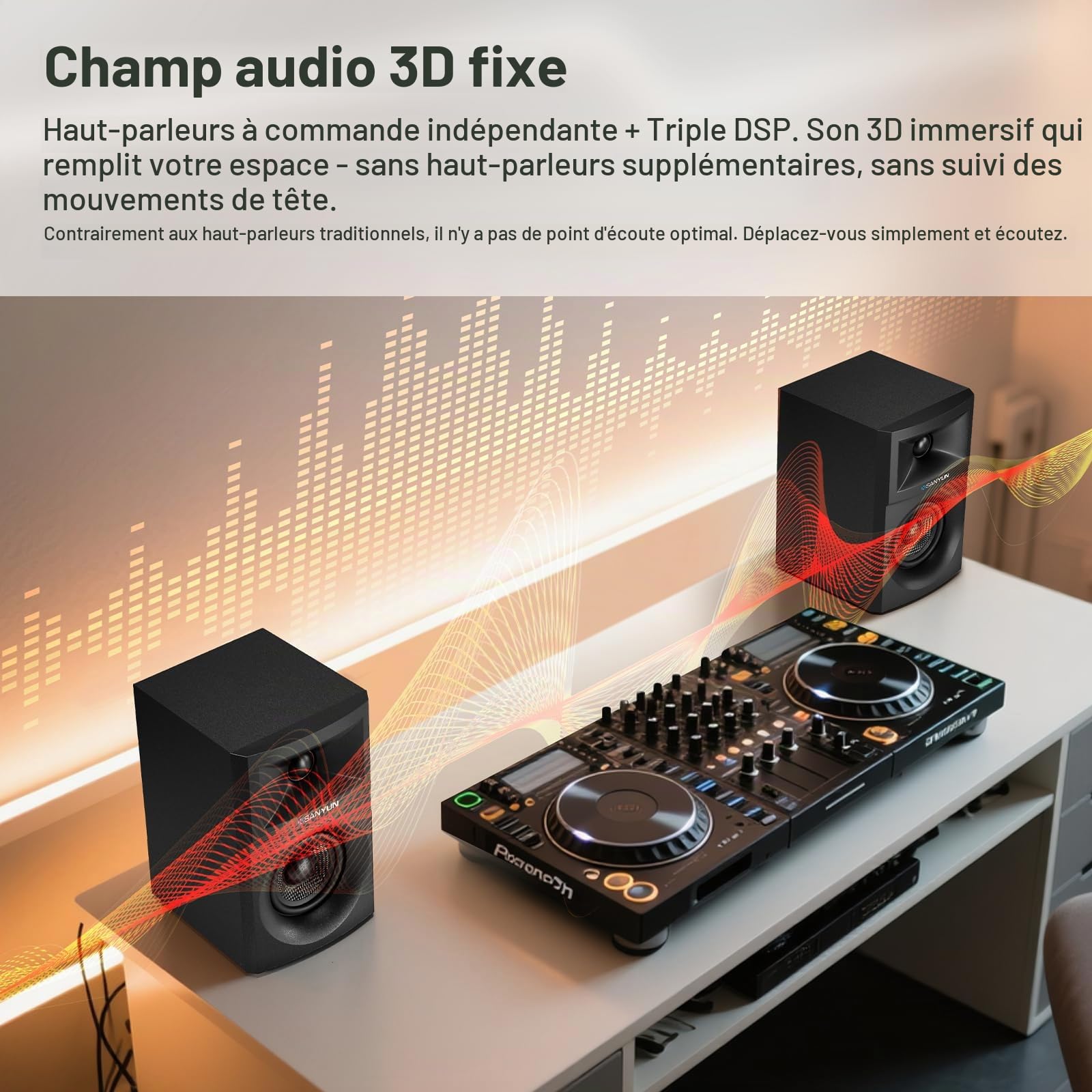 Sanyun SW203 Enceintes PC 2.0 3”, Champ Stéréo Élargi, Triple-DSP | DAC 24 bits, USB-C/Bluetooth 5.4/AUX, Woofer Fibre de Carbone 60W + Tweeter Dôme Soie, PC Bureau Gaming (Paire, Noir)