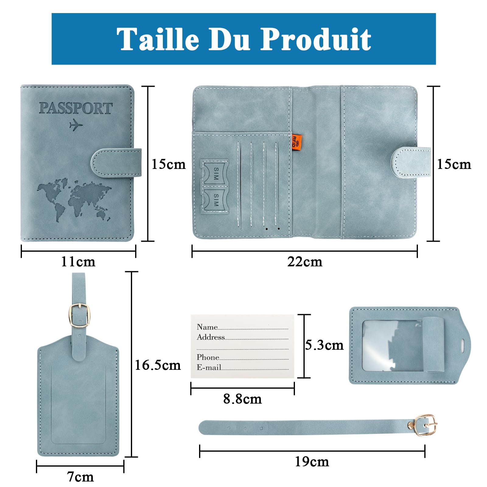 GADITIEK Protege Passeport et Etiquette Valise Set, Cuirs Protège Passeport avec Étiquette Bagage, Pochette Passeport avec RFID pour Protection Passeport, Voyage Francais Etui Passeport (Bleu)