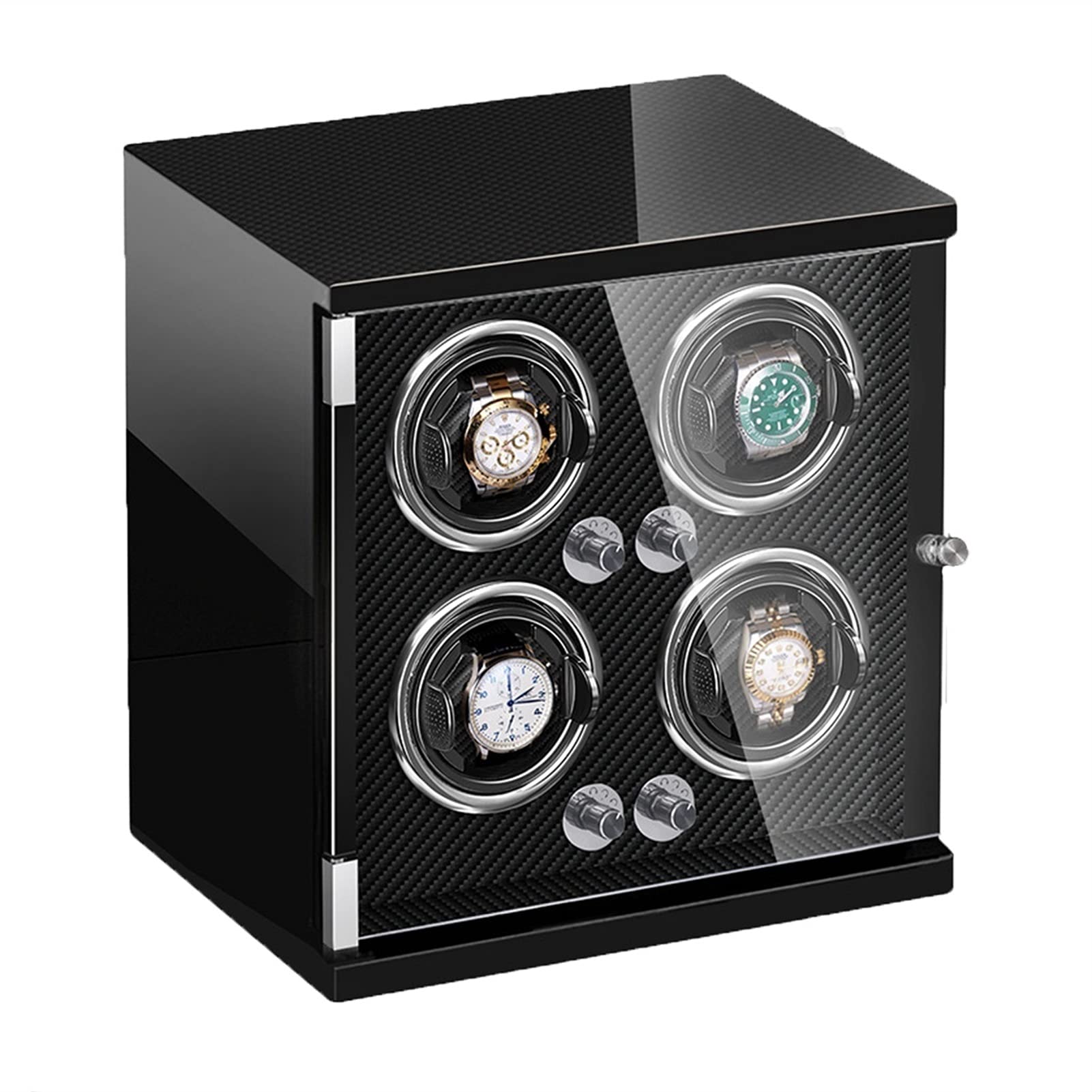 Scatola per Orologi Caricatore per 4 Orologi Automatici Scatola per Orologi con luci a LED Motore Silenzioso Cuscini Regolabili per Orologi da Donna e da Uomo Fibra di ca，Carbon Fiber-4+0