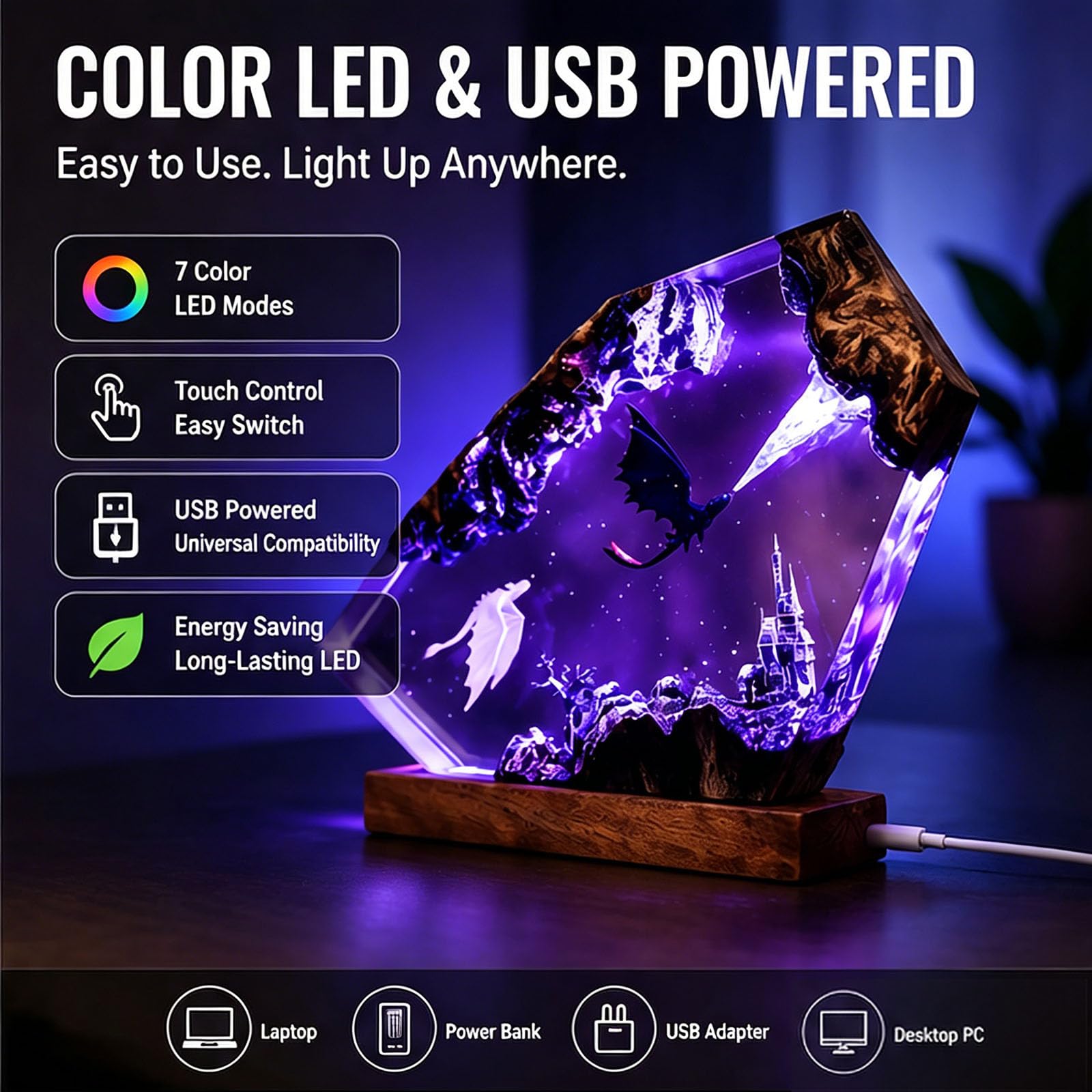Lampa z żywicy smoka 3D, lampka nocna z żywicy epoksydowej z USB | 7-kolorowa dekoracja LED z kryształkami na biurko w sypialni, ręcznie robiona dla ojca, mężczyzny, męża(15*10cm)