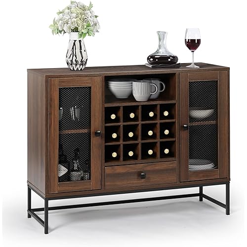 AILEEKISS Kitchen Buffet Cabinet Sideboard Storage Cabinet with Wine Racks and Storage Shelves Accent Cabinet for Dining Room Living Room Hallway Office (Rustic Brown(39.37" L x 13.77" W x 31.5" H))