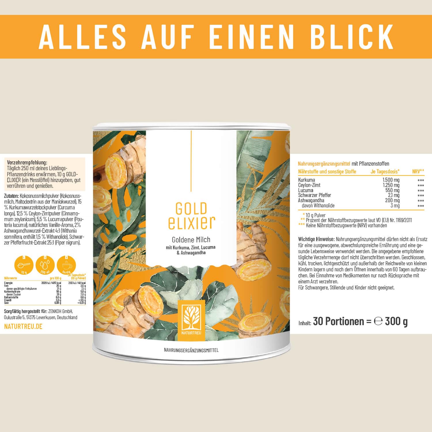 NATURTREU Goldelixier Goldene Milch Pulver - Kurkuma Latte - 600 g - Golden Milk mit Curcuma Ashwagandha & Zimt - Vorteilsbundle 2er Paket - vegan