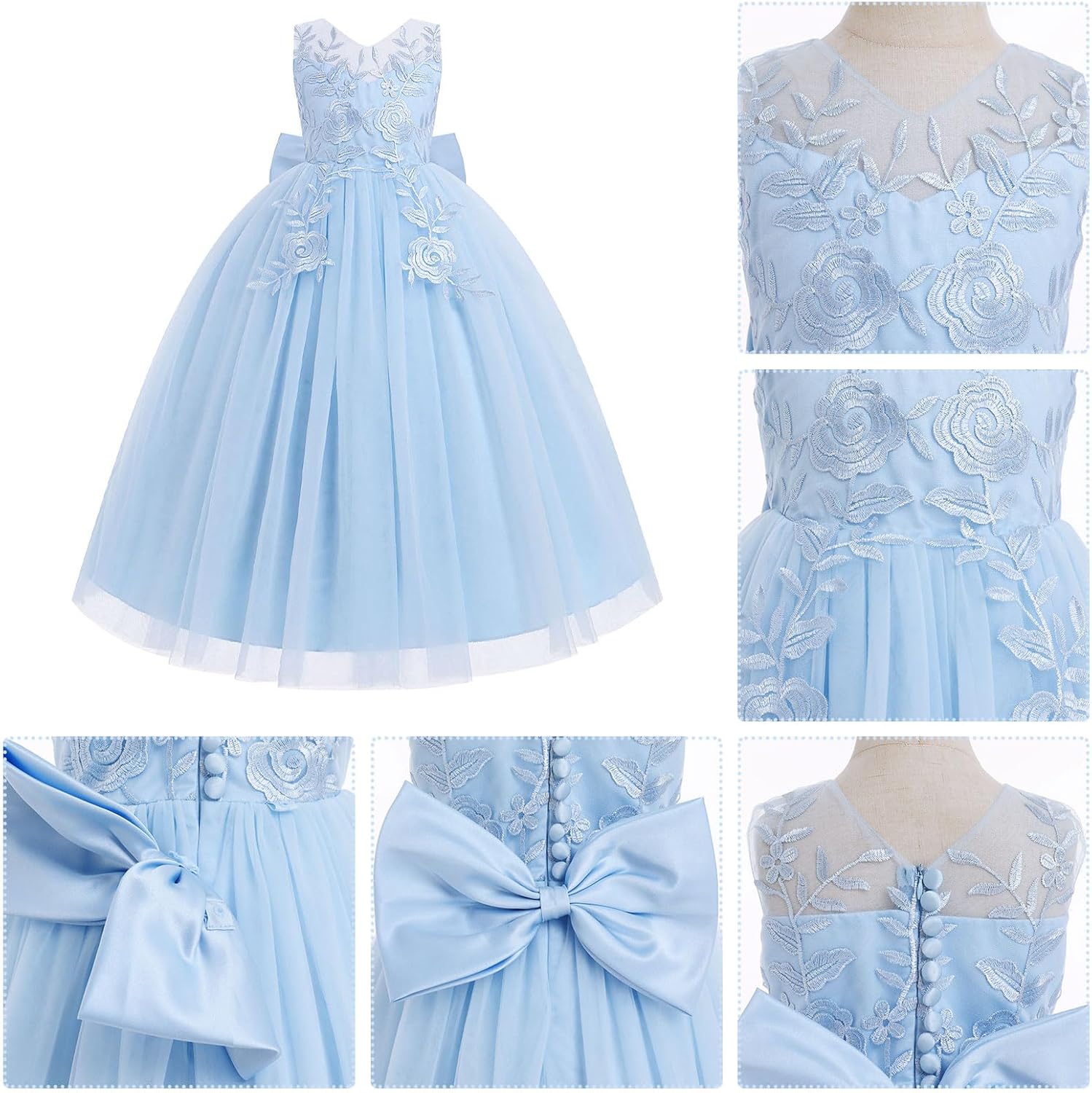 IDOPIP Flower Girl Lace Dress for Kids Wedding Bridesmaid Pageant Party Formal Long Gown Princess Communion Tulle Bow Dresses - Image 5