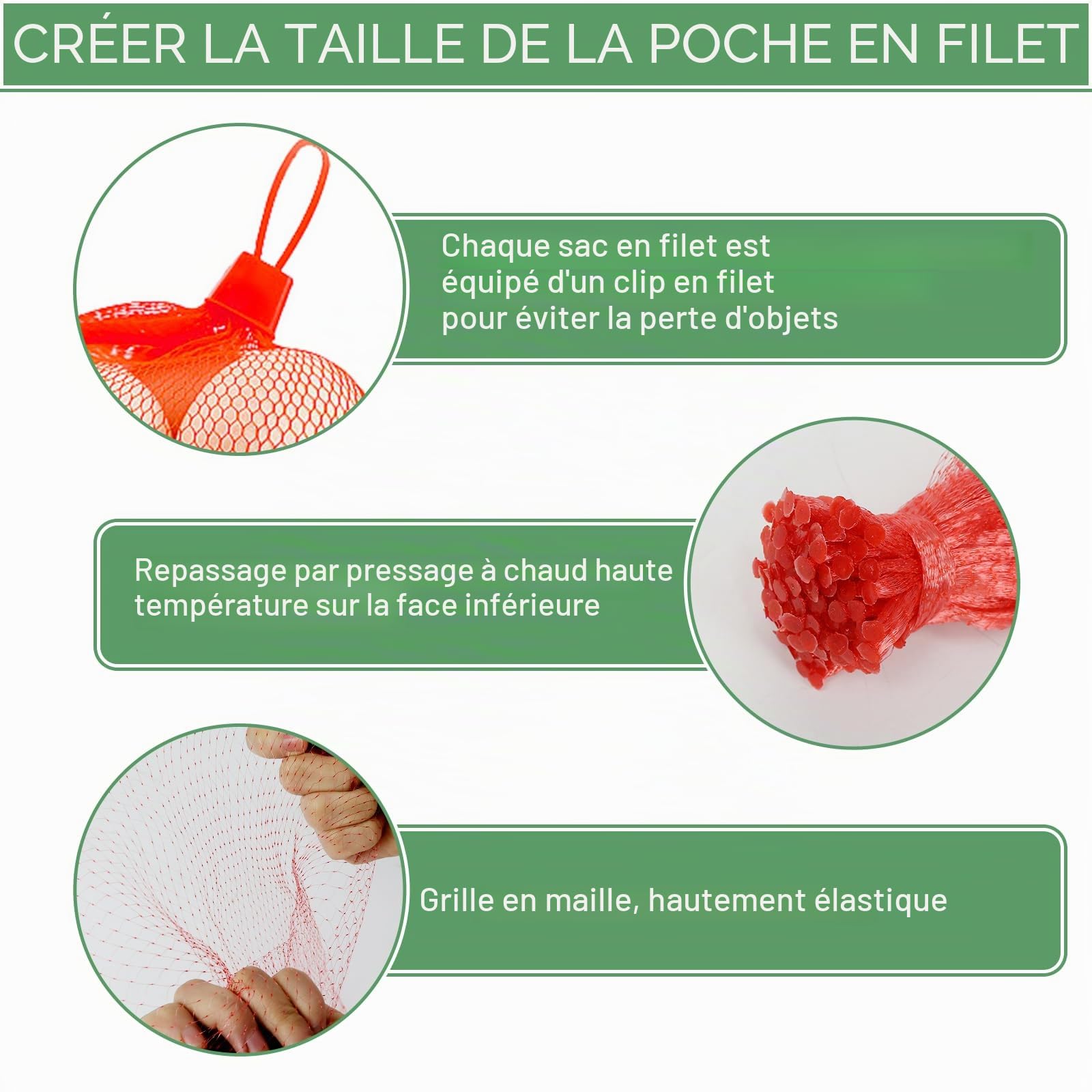 Sac Filet Réutilisable pour Légumes Noix Fruits Œufs avec Boucle Rouge