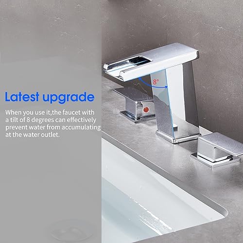 Miniatura 3 de Skybathjoy Grifo de lavabo de baño de luz LED, 3 agujeros, boquilla de cascada, 3 colores cambiantes, con montaje de drenaje y mangueras, grifos de