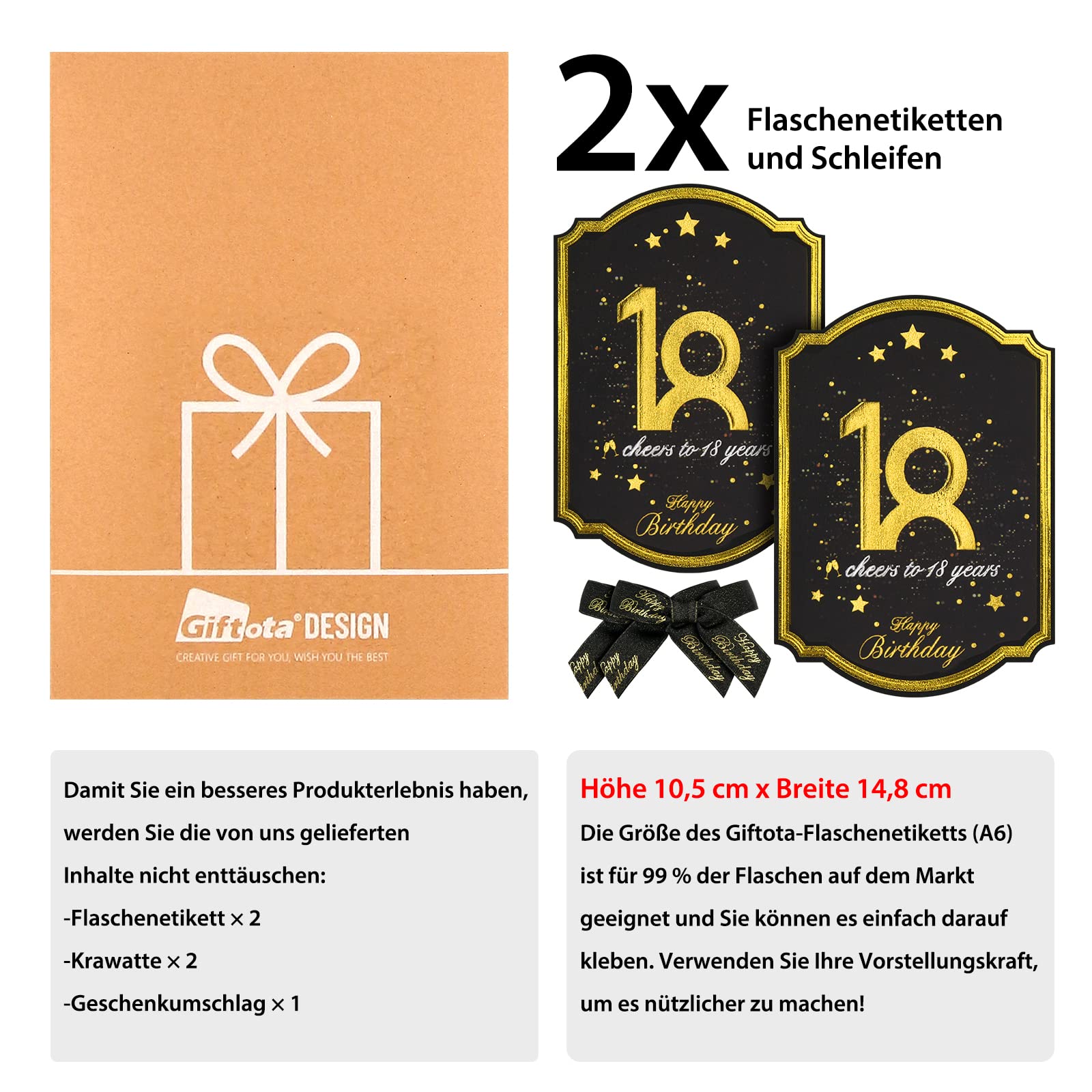 Giftota 2 Etichette per Bottiglie di Compleanno e Fiocchi Regalo – Etichette per Vino Personalizzate, autoadesive per Spumante e Vino Spumante, Decorazione per 18 Compleanno, Regalo di Compleanno per