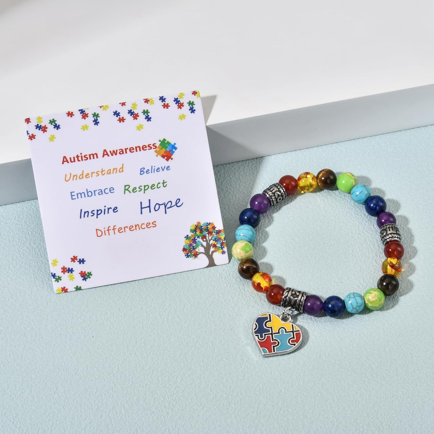 Autism Awareness Bracelet with Colorful Heart Puzzle Piece 7 Chakra Gemstone Beaded Elastic Bracelet Autistic Gift - Image 4