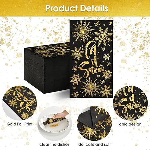 Miniatura 4 de Horaldaily 100 servilletas decorativas de papel desechables de Navidad, Let It Snow Black Paper Gold Foil Toalla de mano para fiesta, almuerzo,