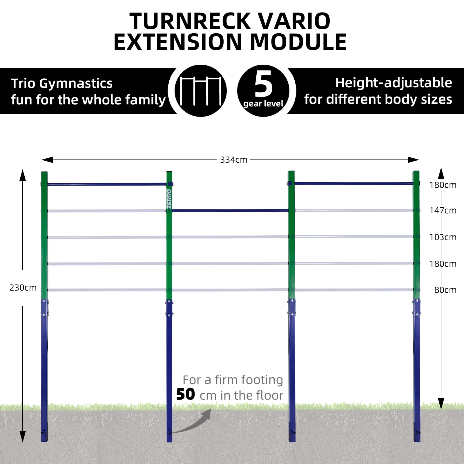ZERRO Barre de Gymnastique Jardin Charge 150 kg, Barre asymétrique Gymnastique, Barre d'escalade réglable en Hauteur pour Usage extérieur en Vert-Bleu
