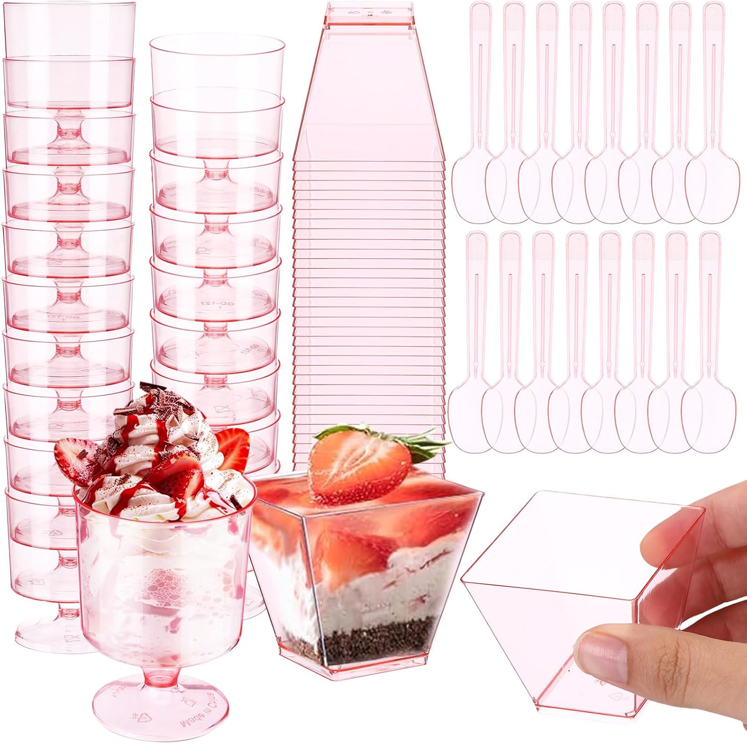 Funnymoom 100 Pack 100 Pack 2oz Mini Dessert Cups with Spoons, Pink