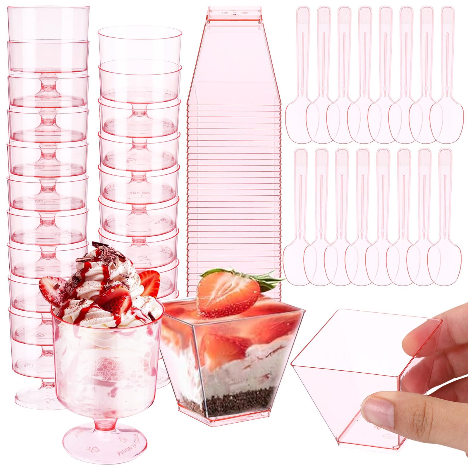 Photo 1 of Funnymoom 100 Pack 2oz Pink Mini Dessert Cups with Spoons Small Clear Plastic Parfait Cup Square Appetizer Charcuterie Cups Round Goblet Shooters for Pudding Fruit Yogurt Ice Cream Mousse