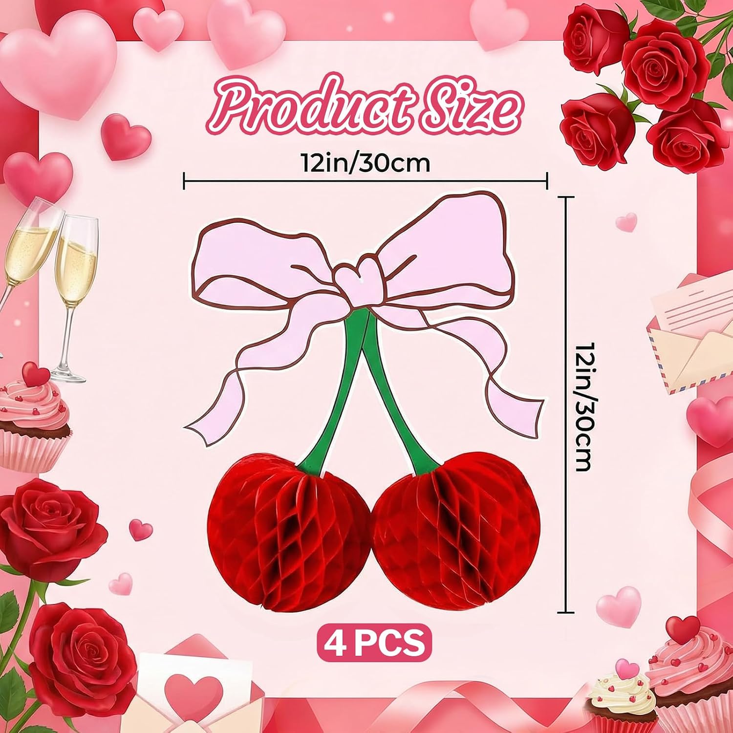 4 Pcs Cherry Birthday Decorations, 3D 12 Inch Large Honeycomb Bow Cherry Centerpieces for Tables, Paper Lanterns Cherry Party Decorations for Birthday Wedding Engagement Baby Shower image 2