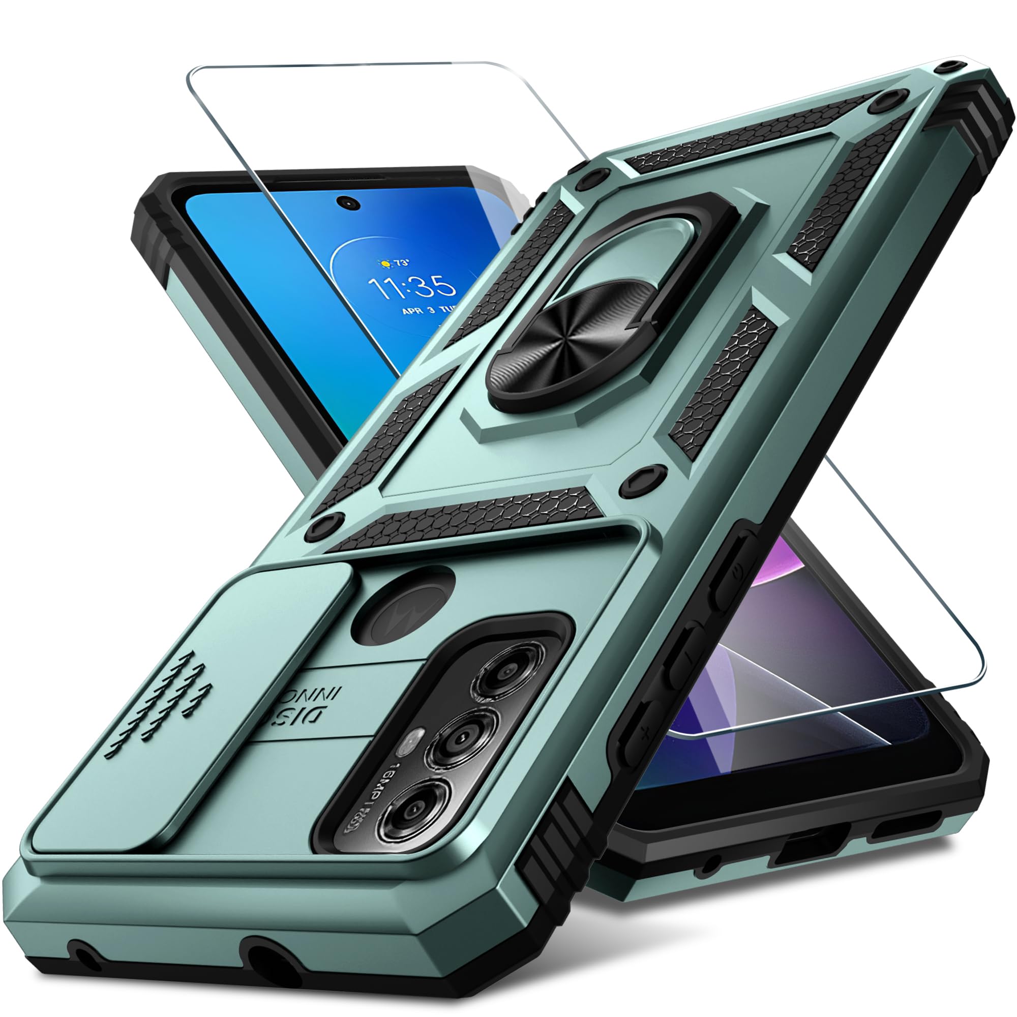 JanmittaCompatible with Moto G Play 2023,G Power 2022/G Pure Case Built in Slide Camera Lens Cover+Screen Protector+Ring Holder,Heavy Duty Shockproof Full Body Phone Cover,Dark Green