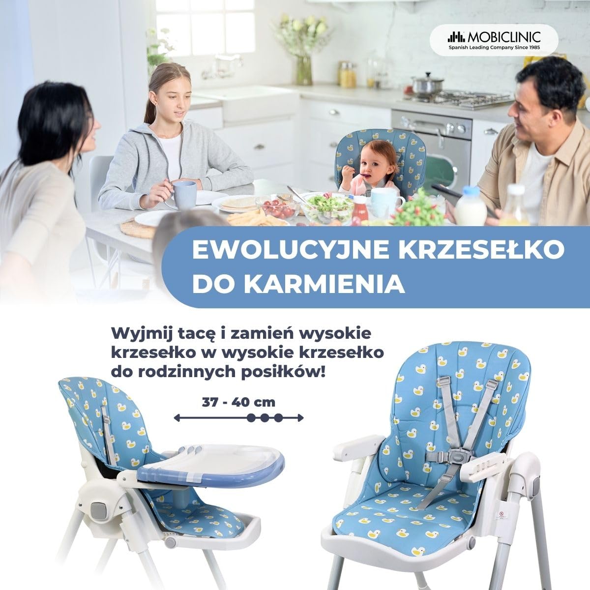 Mobiclinic®, Wysokie krzesełko dla dziecka, Evolutive, Dodatkowe składanie, Możliwość przekształcenia w krzesełko, Simba, 5-punktowe, Kółka z hamulcami, Podwójna wyjmowana tacka