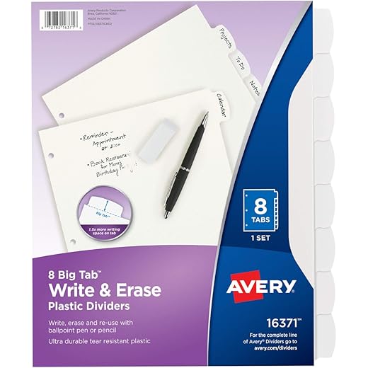Avery Big Tab Write & Erase Durable Plastic Dividers, 8 White Tabs, 1 Set (16371)