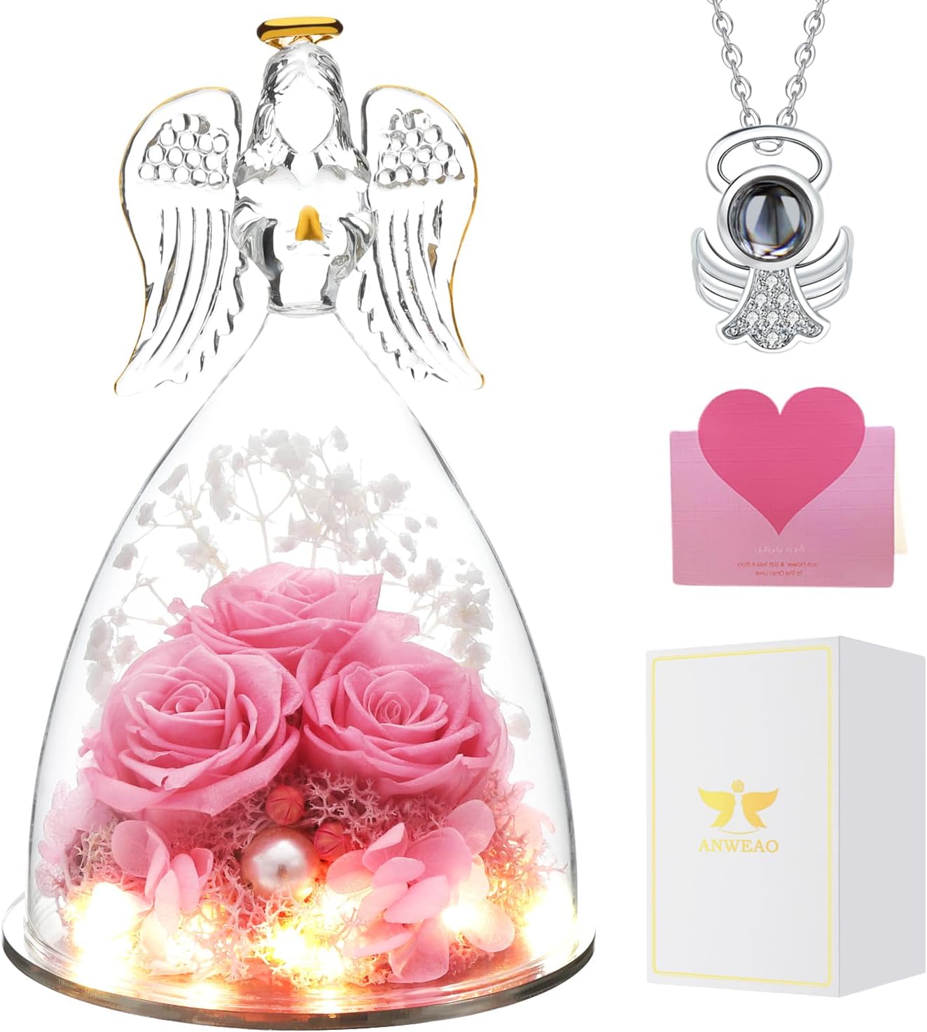 Christmas Angel Gifts for Women Gift for Mom,Preserved Real Rose in Glass Angel Figurines with Angel Necklace,Preserved Flower Birthday Gifts for Women Mom Wife Girlfriend for Thanksgiving Xmas Gift