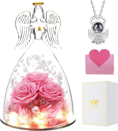 Regalos para el día de la madre para mamá, regalos de cumpleaños de aniversario para mujeres, figura de ángel de cristal rosa brillante con collar