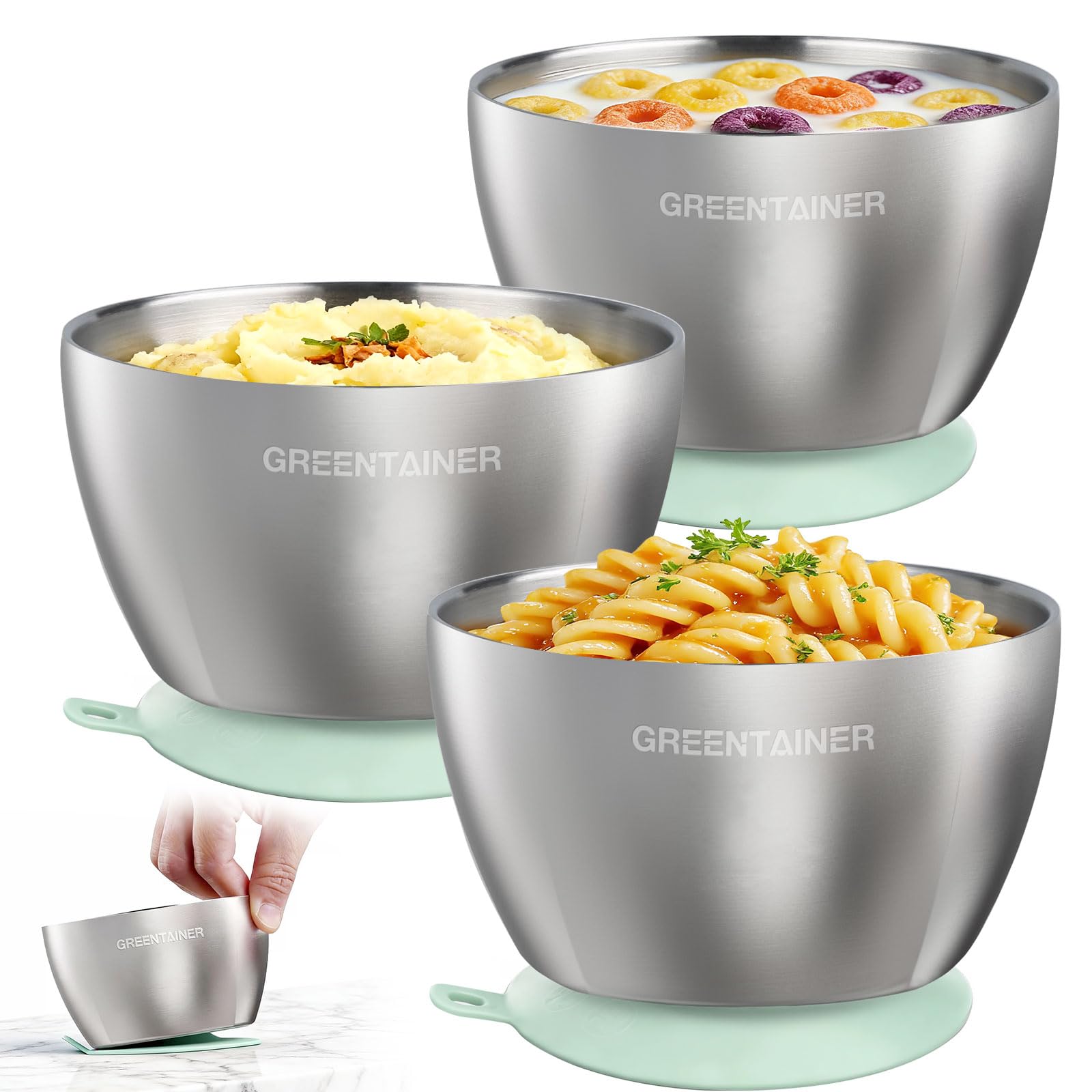 Greentainer 304 Stainless Steel Baby Bowl Set, Double-Wall Insulated & Unbreakable Toddler Bowls with Removable Silicone Suction Base, BPA-Free, Dishwasher Safe for Infant 6+ Months (Green)