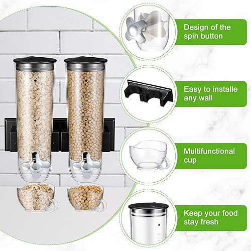 Miniatura 10 de Huwena 4 juegos de contenedores de cereales, 3 litros cada juego, dispensador de cereales montado en la pared, dispensador de alimentos secos,