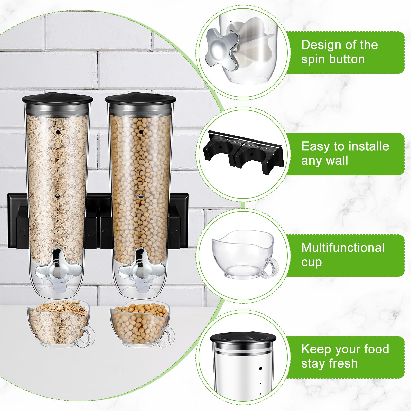 Huwena Set di 4 contenitori per cereali, 3 l ciascuno, dispenser da parete per cereali, per alimenti secchi, caramelle, farina d'avena, caffè, noci, colore nero