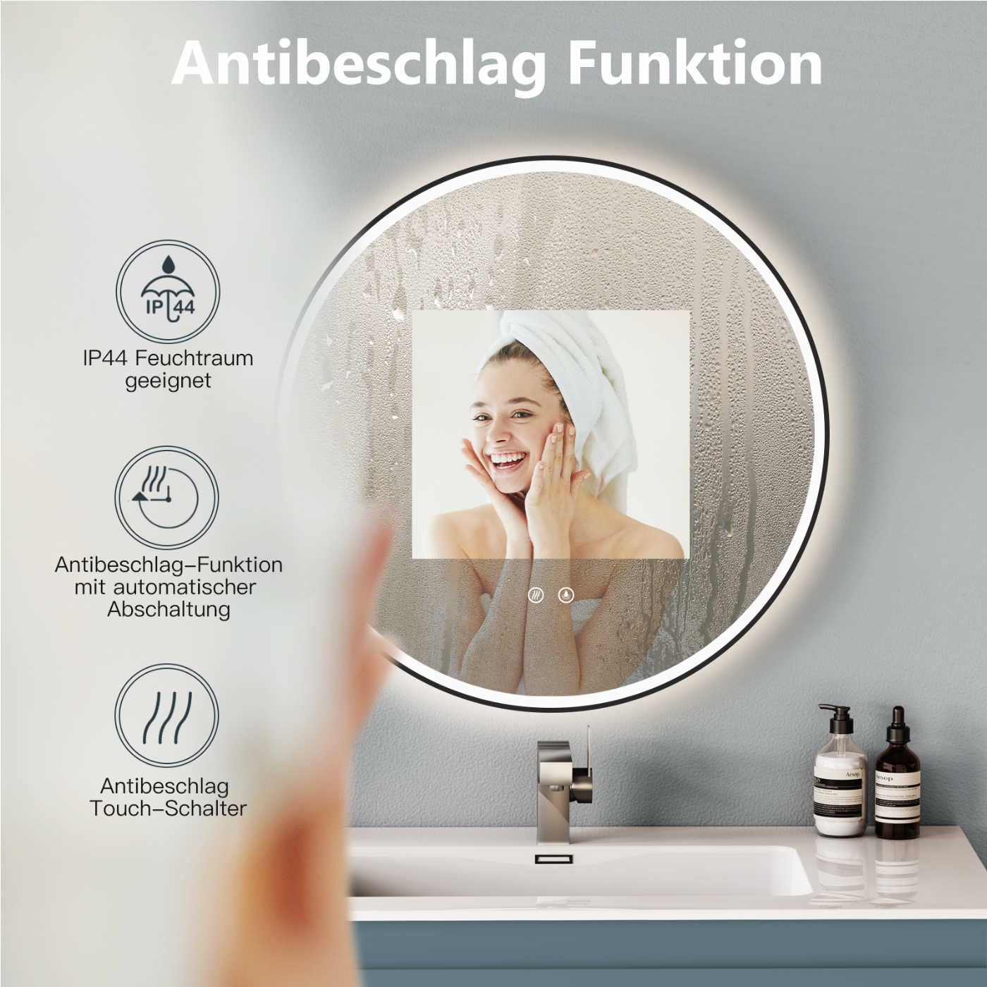 HOKO Wandspiegel Rund 80cm Badspiegel Beleuchtung mit Anti-Fog+Rahmen+Touch Schalter Memory+Licht Wechsel 2700-6500K Warmweiß-Kaltweiß-Neutral