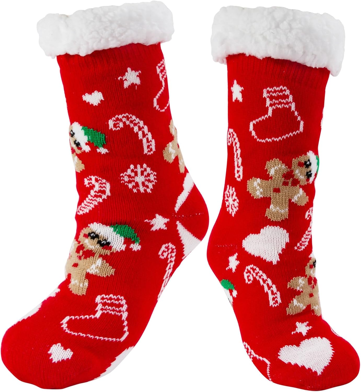 Cozy Christmas Slipper Socks for Women, Red Fuzzy Non-Slip Winter Socks with Xmas Gingerbread Design, Plush Lined Holiday Grip Footwear,Cute Christmas Socks - Image 3