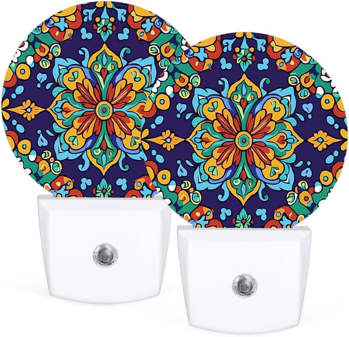 Round Night Lights Ethnic Mexican Tiles Print LED Nightlight Plug in Dust to Dawn Auto On/Off Night Light for Bedroom Bathroom Hallway, 2 Pack